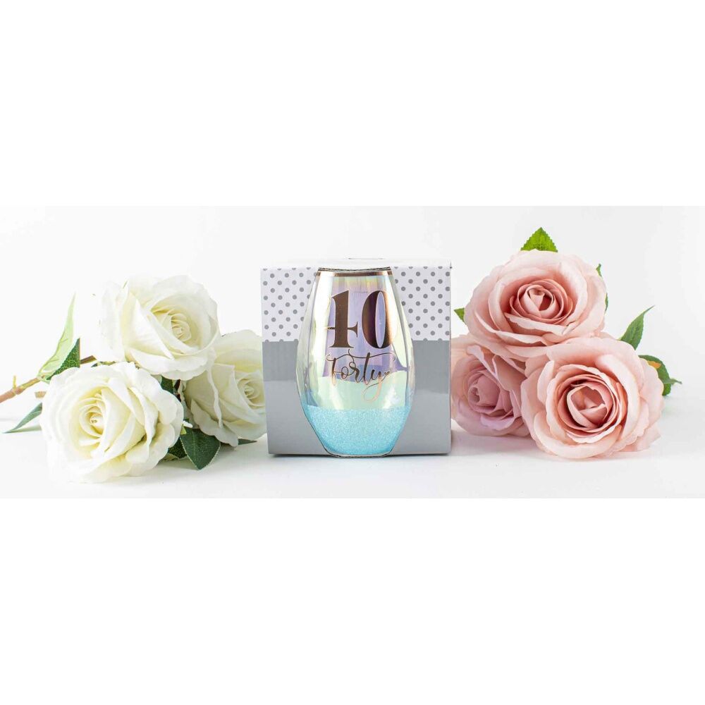 LMD Glitter 40th Celebration Stemless Wine Glass Blue 600ml Drinking Cup Tumbler — image 2