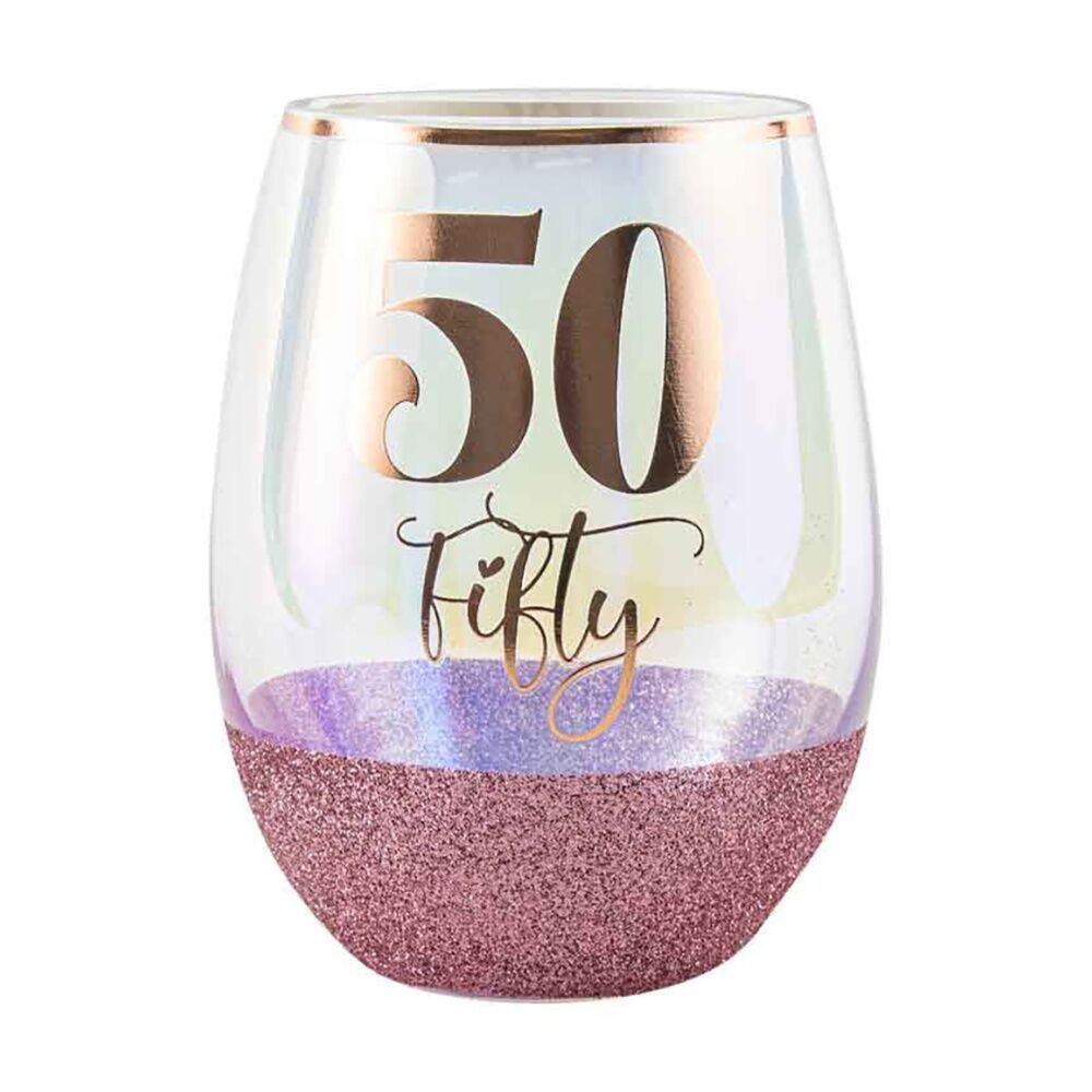 LMD Glitter 50th Celebration Stemless Wine Glass Pink 600ml Drinking Cup Tumbler