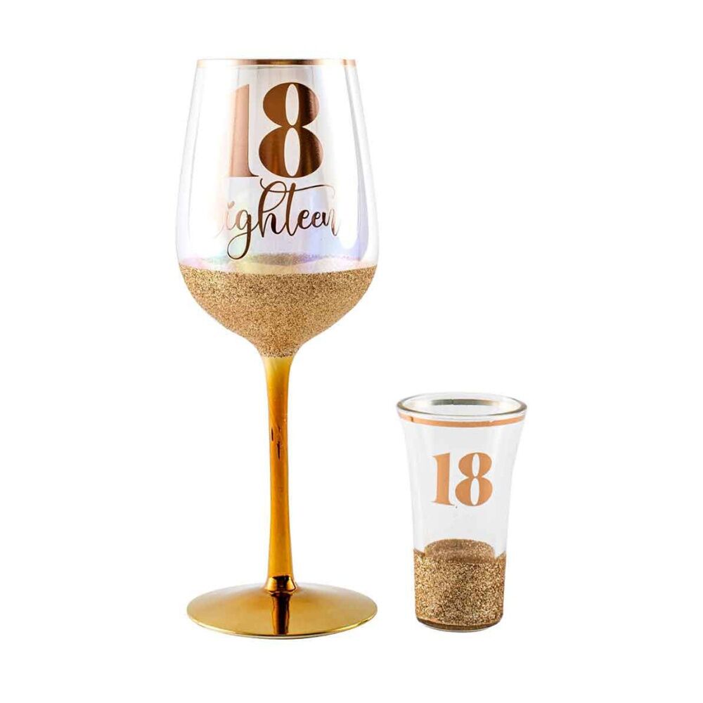 LMD Glitterati 18th Celebration/Birthday 430ml Wine & 30ml Shot Drinking Glass Set