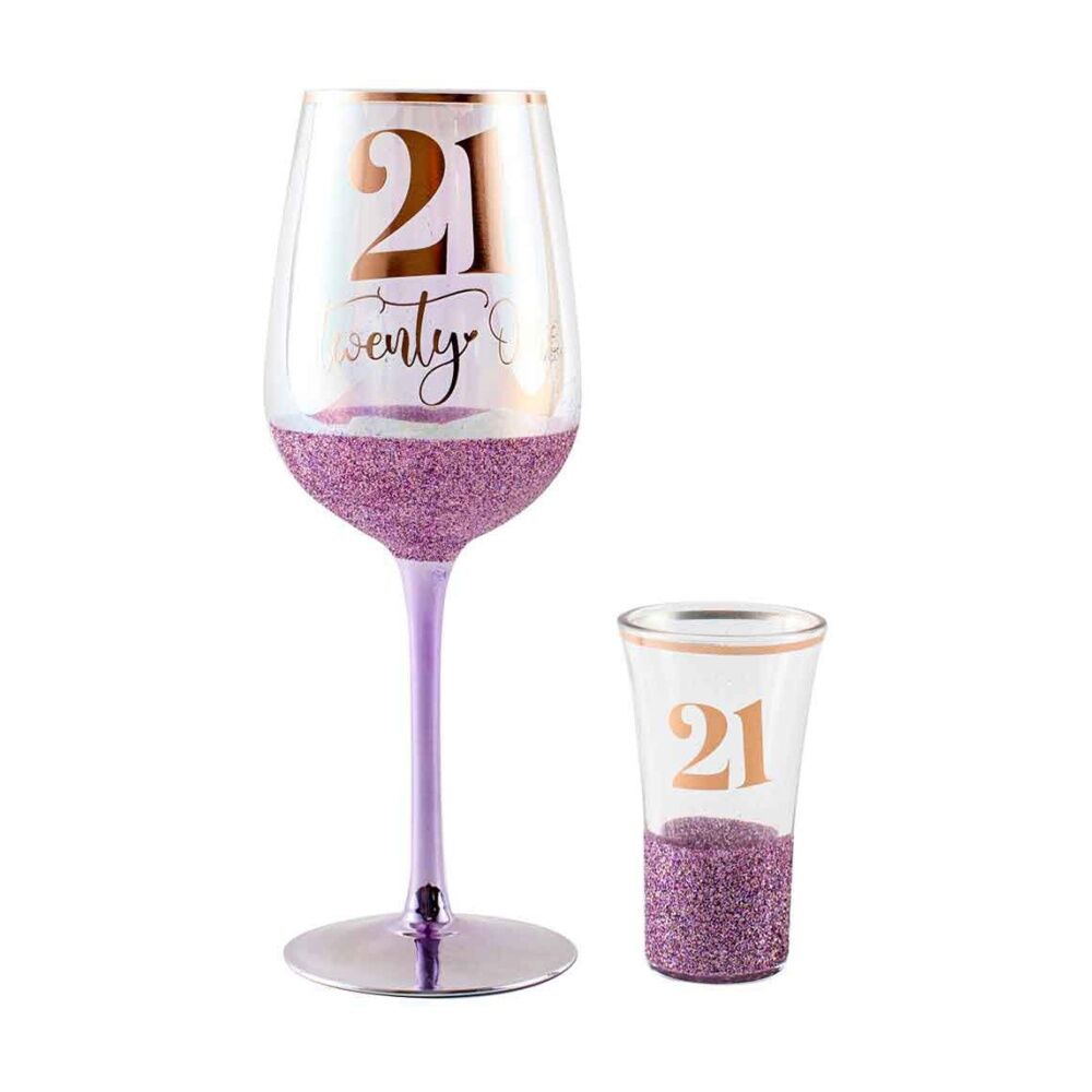 LMD Purple Glitterati 21st Celebration/Birthday 430ml Wine/30ml Shot Drinking Glass