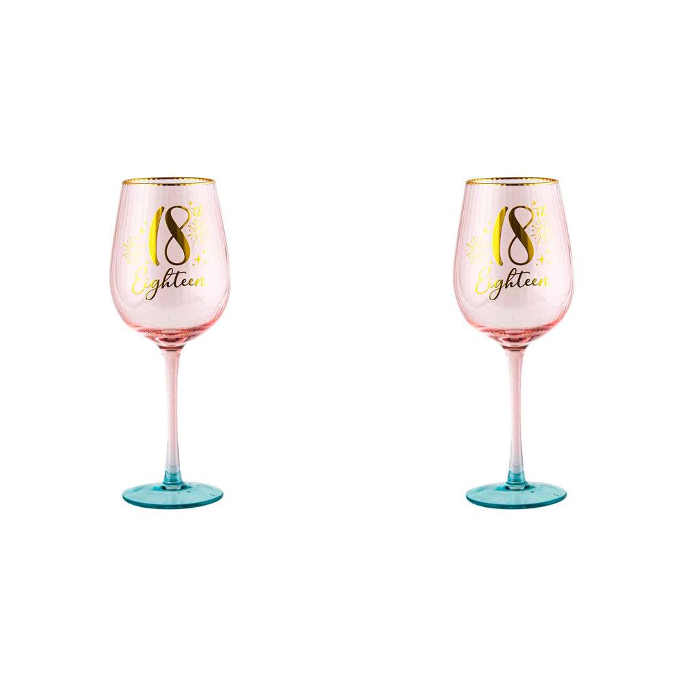 LMD 18th Birthday 400ml Fluted Red Wine/Cocktail Glass Stemmed Drinkware Pink (2 Pack)