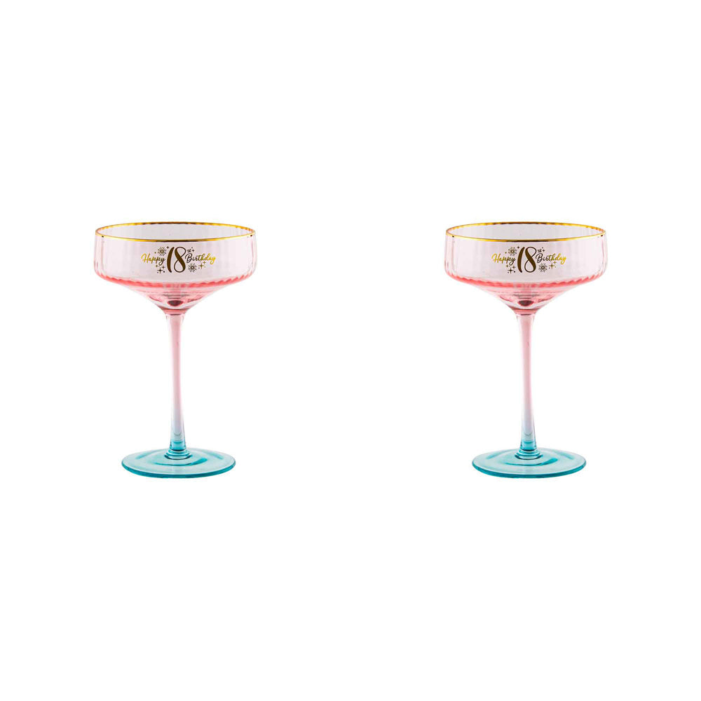 LMD 18th Birthday 300ml Fluted Coupe Wine/Cocktail Glass Stemmed Drinkware Pink (2 Pack)