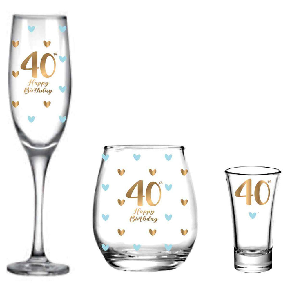 LMD 40th Birthday Champagne/Stemless/Shot Glass Drinkware Set Clear (3 Pieces)