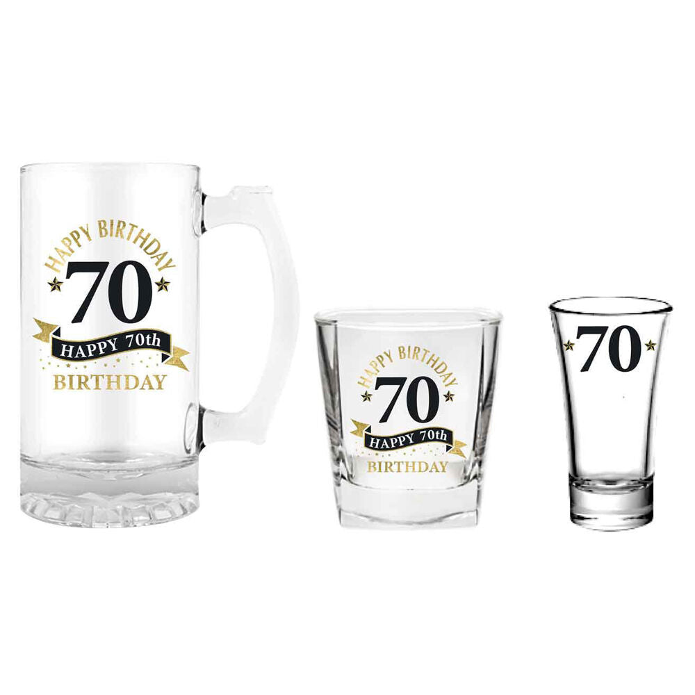 LMD 70th Birthday Beer Stein/Whisky/Shot Drinkware Glasses Set Clear (3 Pieces)