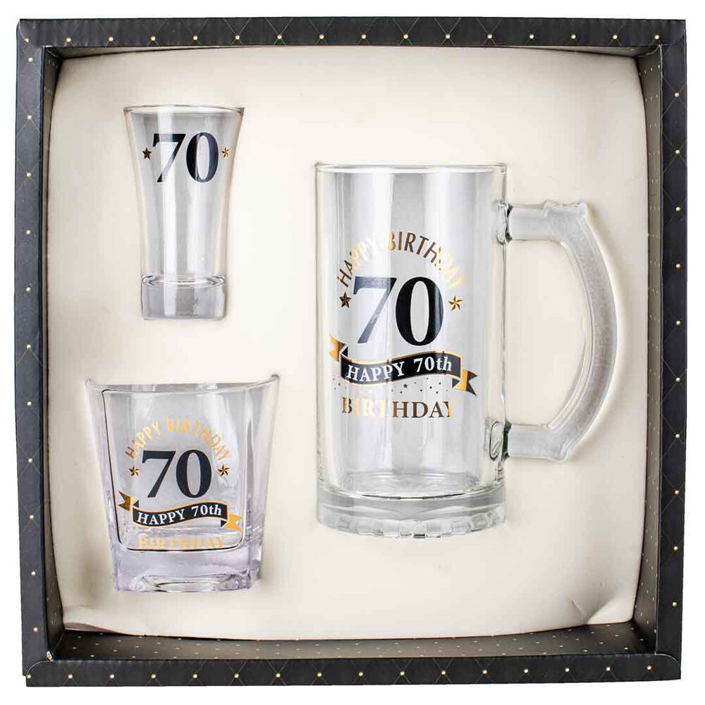 LMD 70th Birthday Beer Stein/Whisky/Shot Drinkware Glasses Set Clear (3 Pieces) — image 2
