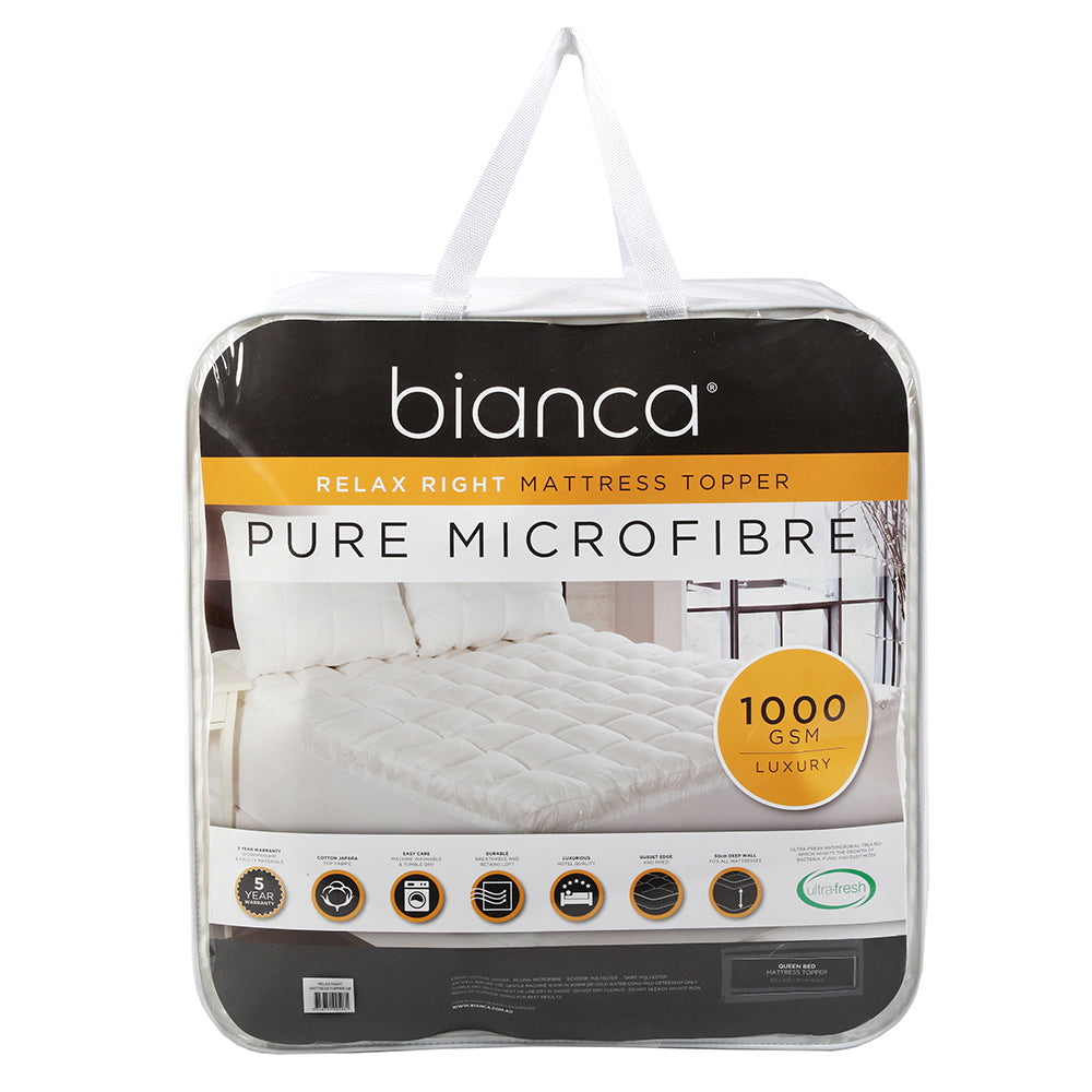 Bianca Relax Right Microfibre Mattress Topper 1000GSM Bedding White King Bed