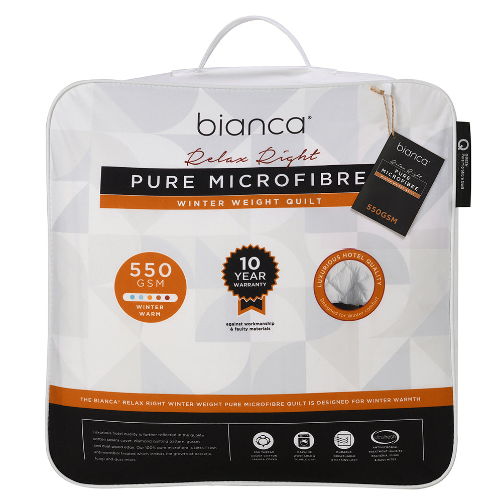 Bianca Relax Right Pure Microfibre Quilt 550gsm Home Bedding White King Bed