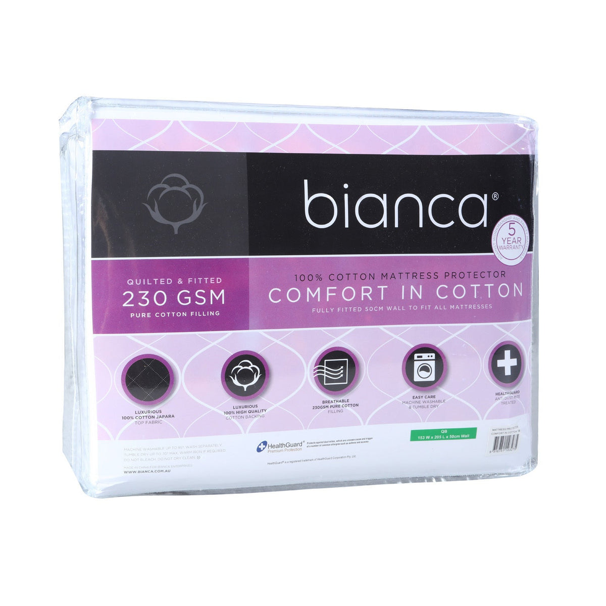 Bianca Comfort In Cotton Quilted Mattress Protector 230gsm WHT Bed — King Single