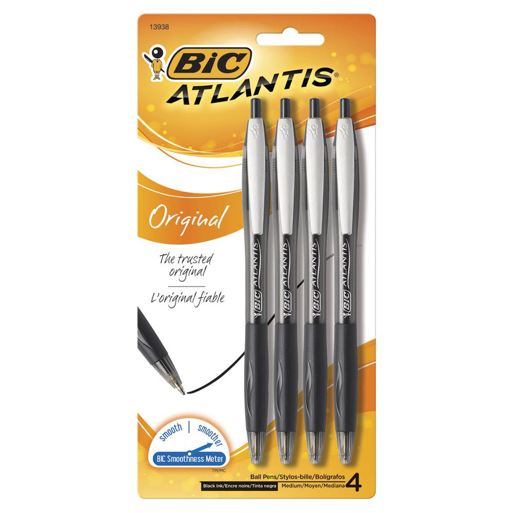 Bic Atlantis Original Medium Glide Exact Retractable Ballpoint Pens Black (4 Pieces)