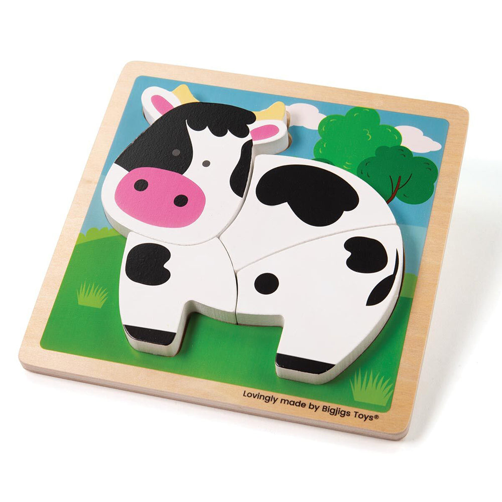 Bigjigs Toys 15cm Chunky Lift Out Puzzle Cow Kids Wooden Sensory Toy 10m+ (4 Pieces)