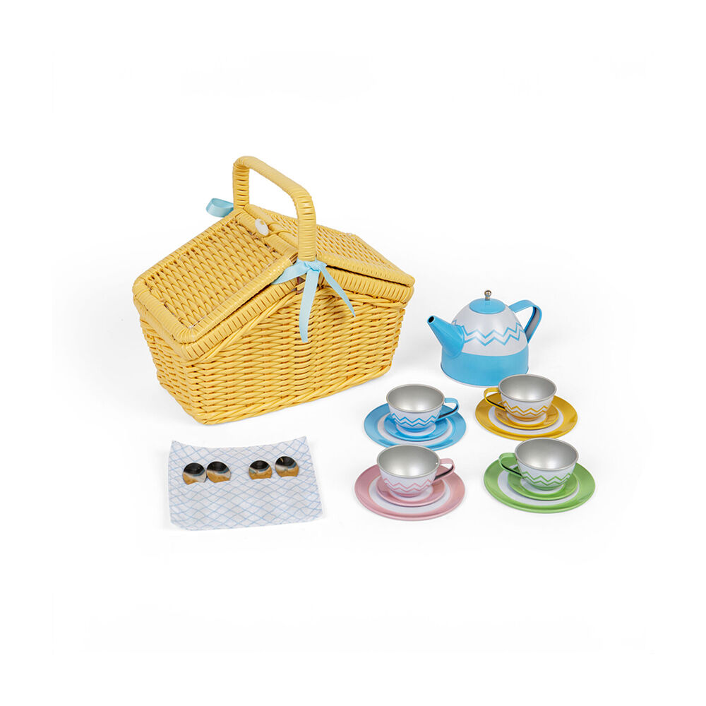 Bigjigs Toys Wooden Picnic Set In Basket Kids Pretend Play Toy 23.5x20.5cm