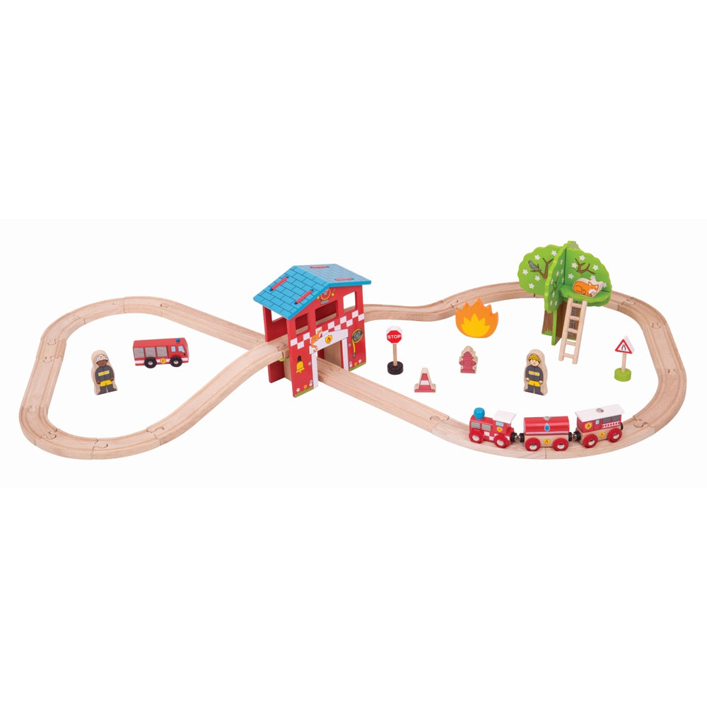 Bigjigs Rail Fire Station Train Set Kids Fun Interactive Wooden Toy 3y+ (39 Pieces)