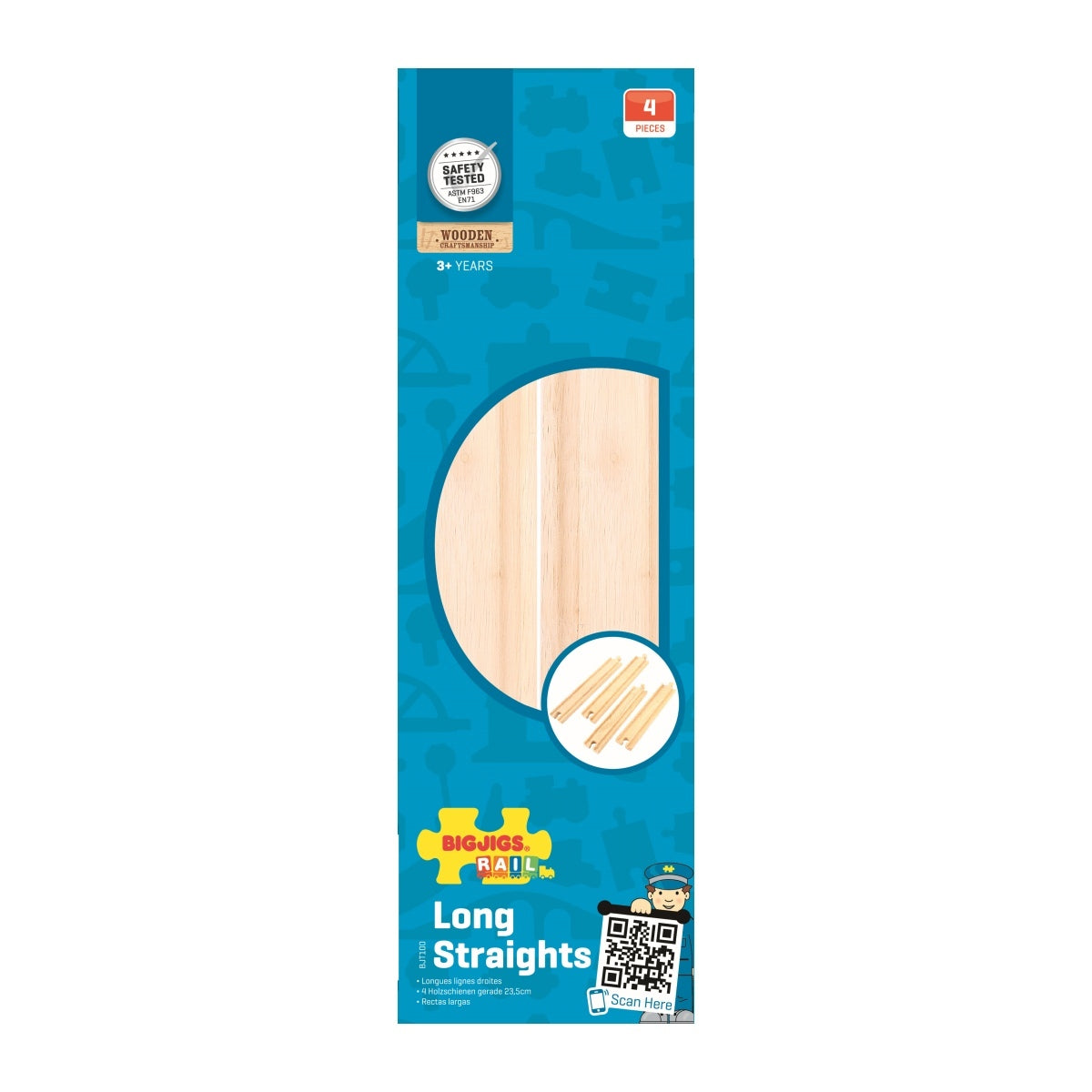 Bigjigs Rail Bigjigs 21.5cm Railway Long Straights Tracks Accessory Kids Wooden Toy 3y+ (4 Pieces) — image 2