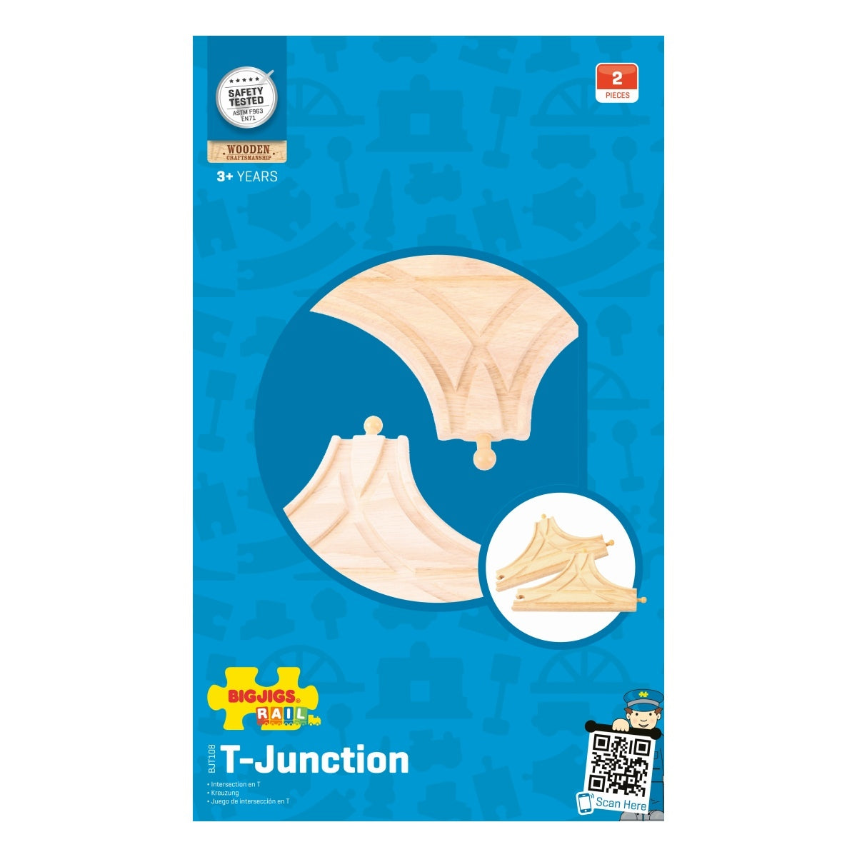 Bigjigs Rail Wooden T-Junction Tracks Kids Toy 3y+ Natural Wood 21cm (2 Pieces) — image 2