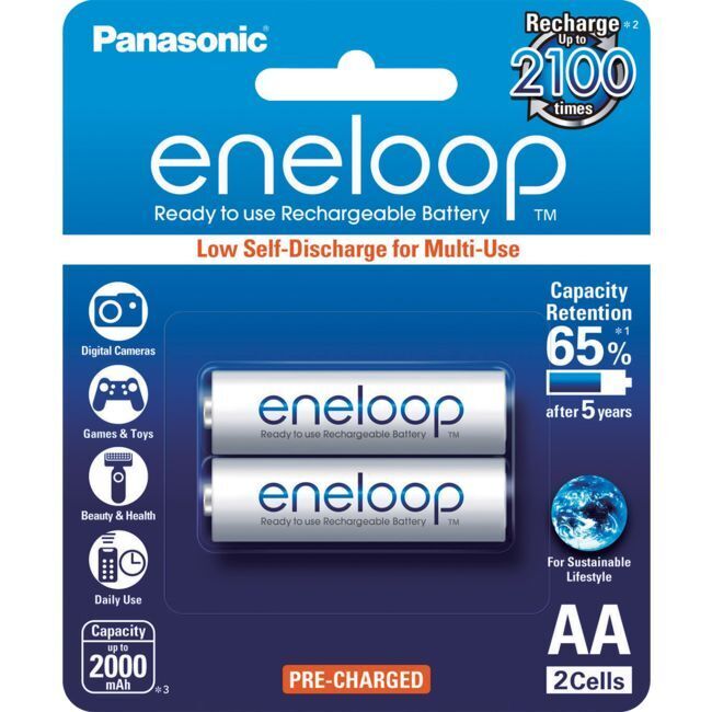 Panasonic Eneloop AA 1.2V 2000mAh NiMH Rechargeable Reusable Battery f/Toys (2 Pack)