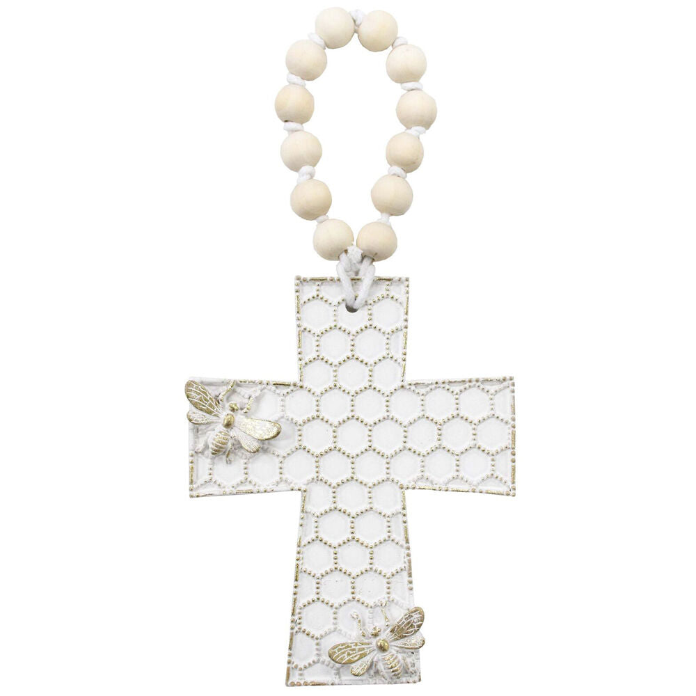 LVD 11.8x1.5x14.5cm Off-White Resin Cross Bee Honeycomb Decoration