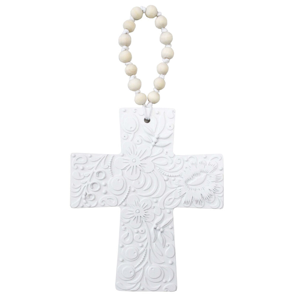 LVD 18x2.3x22.5cm White Resin Hanging Cross Large Embossed Decoration