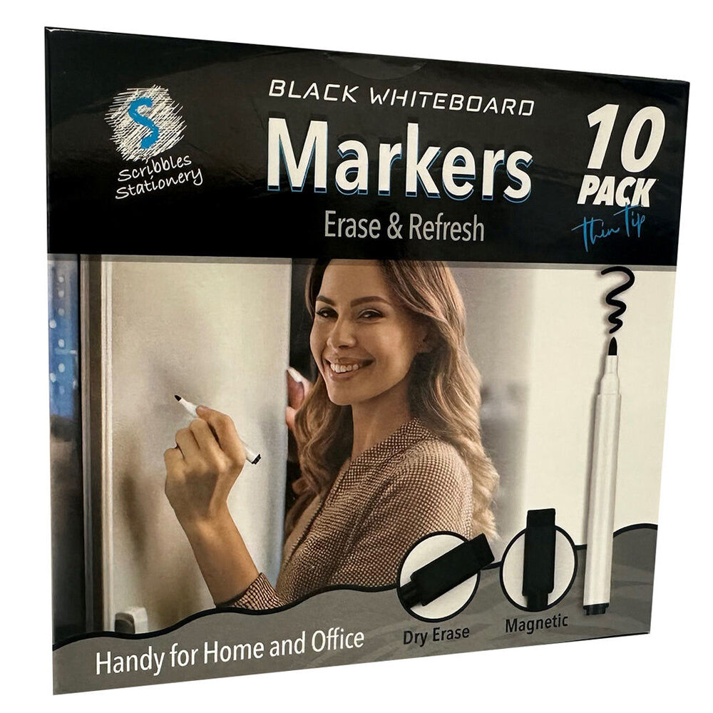 Scribbles Stationery Black Whiteboard Markers Thin Tip w/Magnetic Lid (10 Pack)