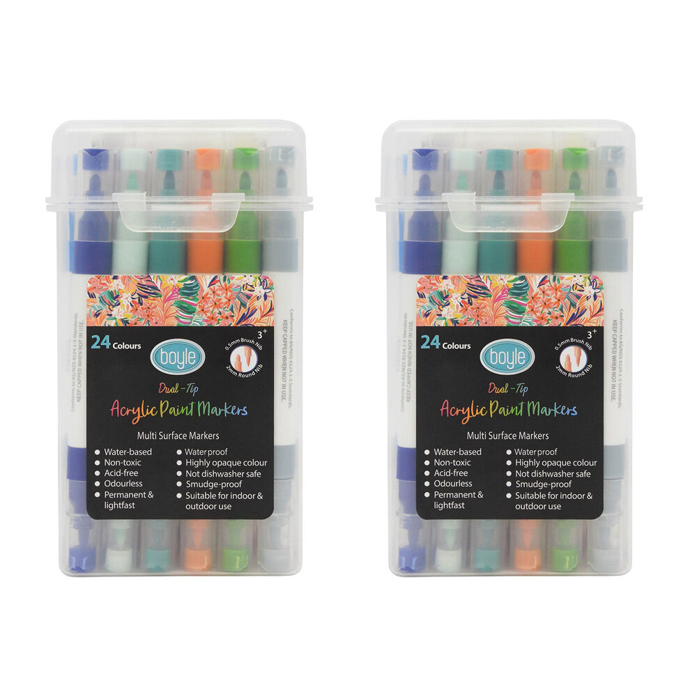 Boyle 24PK Boyle Dual Tip Acrylic Markers Colour Set w/Storage Case Non-Toxic 3y+ (2 Pack)