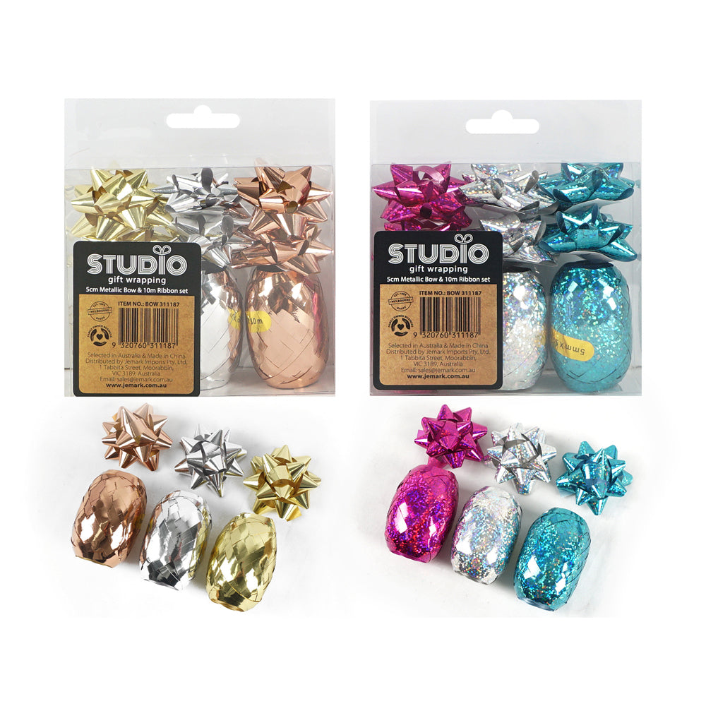 Studio Gift Wrapping Metallic Gift Bow & Ribbon Set Home Party Decor Asstd (12 Pack)
