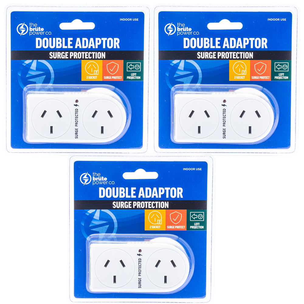 The Brute Power Co. Flat Left Surge Protection Double Adapter - White (3 Pack)