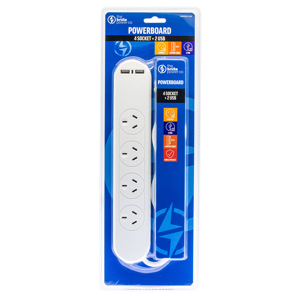 The Brute Power Co. The Brute Power Co 4 Sockets/2 USB Ports 1m Cord/Cable 10A Power Board/Outlet