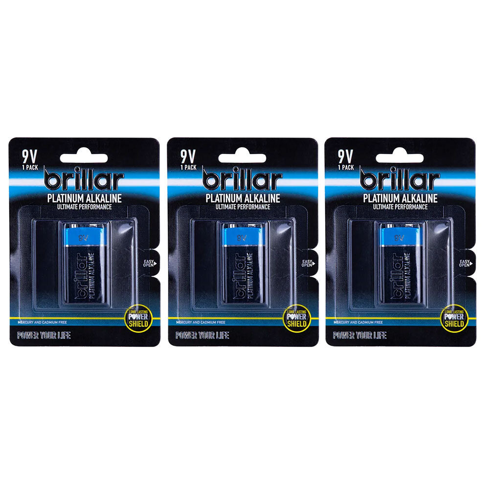 Brillar High Power Platinum Alkaline Single Use/Disposable Batteries 9V 6LR61 (3 Pack)