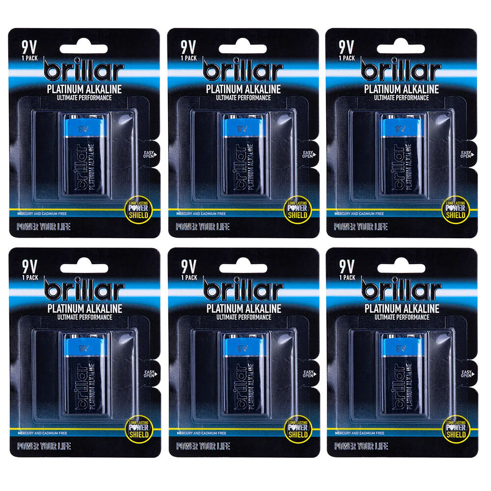 Brillar High Power Platinum Alkaline Single Use/Disposable Batteries 9V 6LR61 (6 Pack)