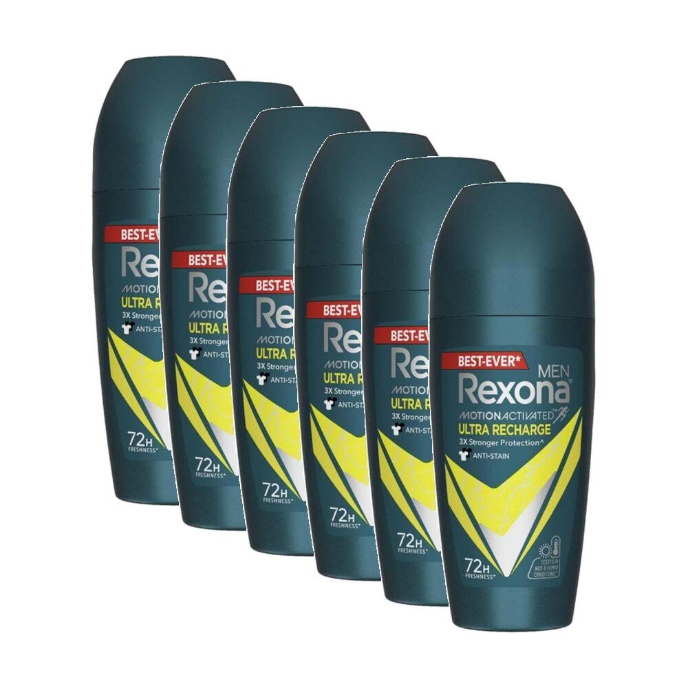 Rexona Men's Antiperspirant Roll On Deodorant Recharge 72Hr Freshness 45ml (6 Pack)