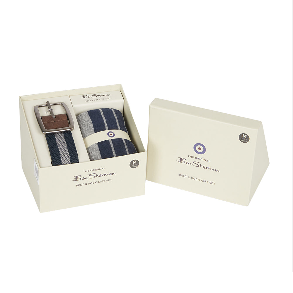 Ben Sherman Men's Casual Fashion Waist Belt & Socks Gift Set Navy/Grey (3 Pieces) — S M