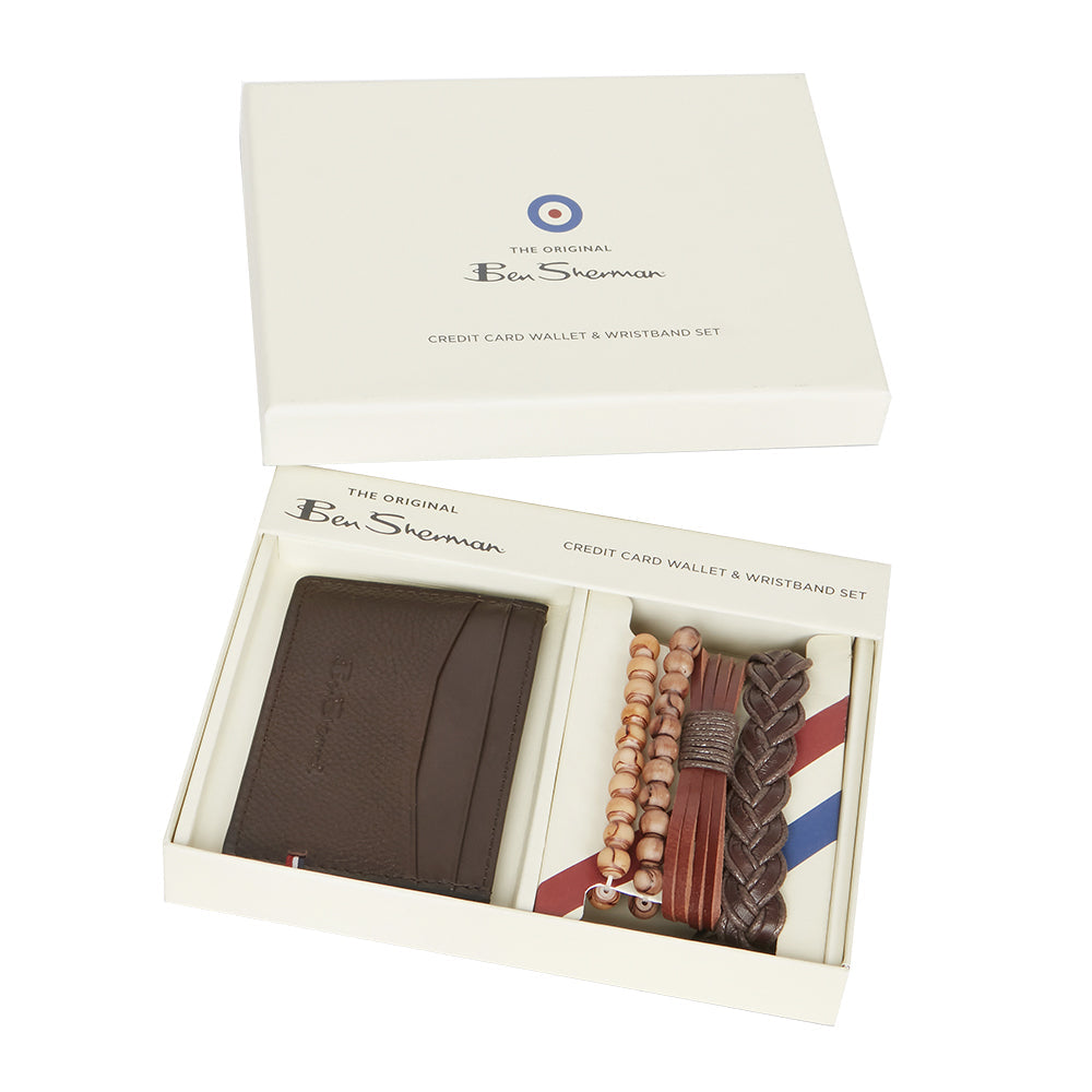 Ben Sherman Men's Leather Credit Card Wallet & Bracelet Accessory Brown/Tan (5 Pieces)
