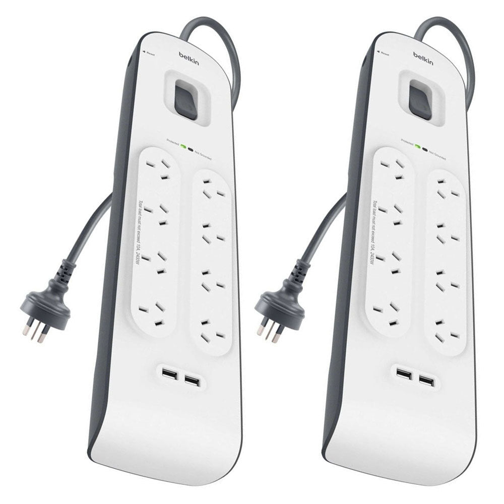 Belkin 8 Way Outlet Surge Protector 2M Power Board 2.4A w/ 2 USB Port Charger (2 Pack)
