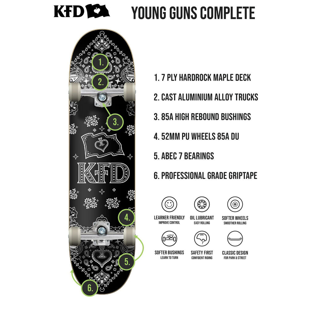 KFD Complete Outdoor Sports Beginner Skateboard Young Gunz Bandana Navy 7.75in — image 4