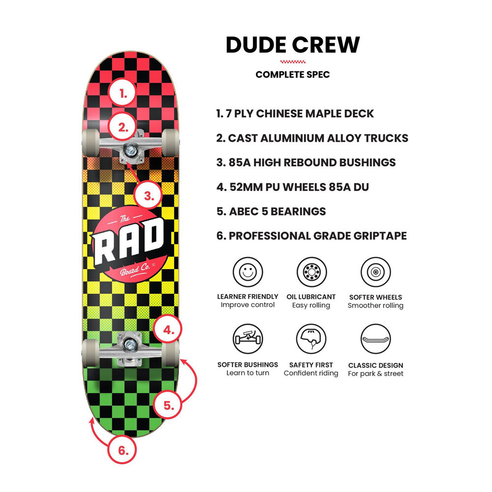 Rad Board CO Complete Skateboard Outdoor Sports Deck Dude Crew Watermelon 7.75in — image 2