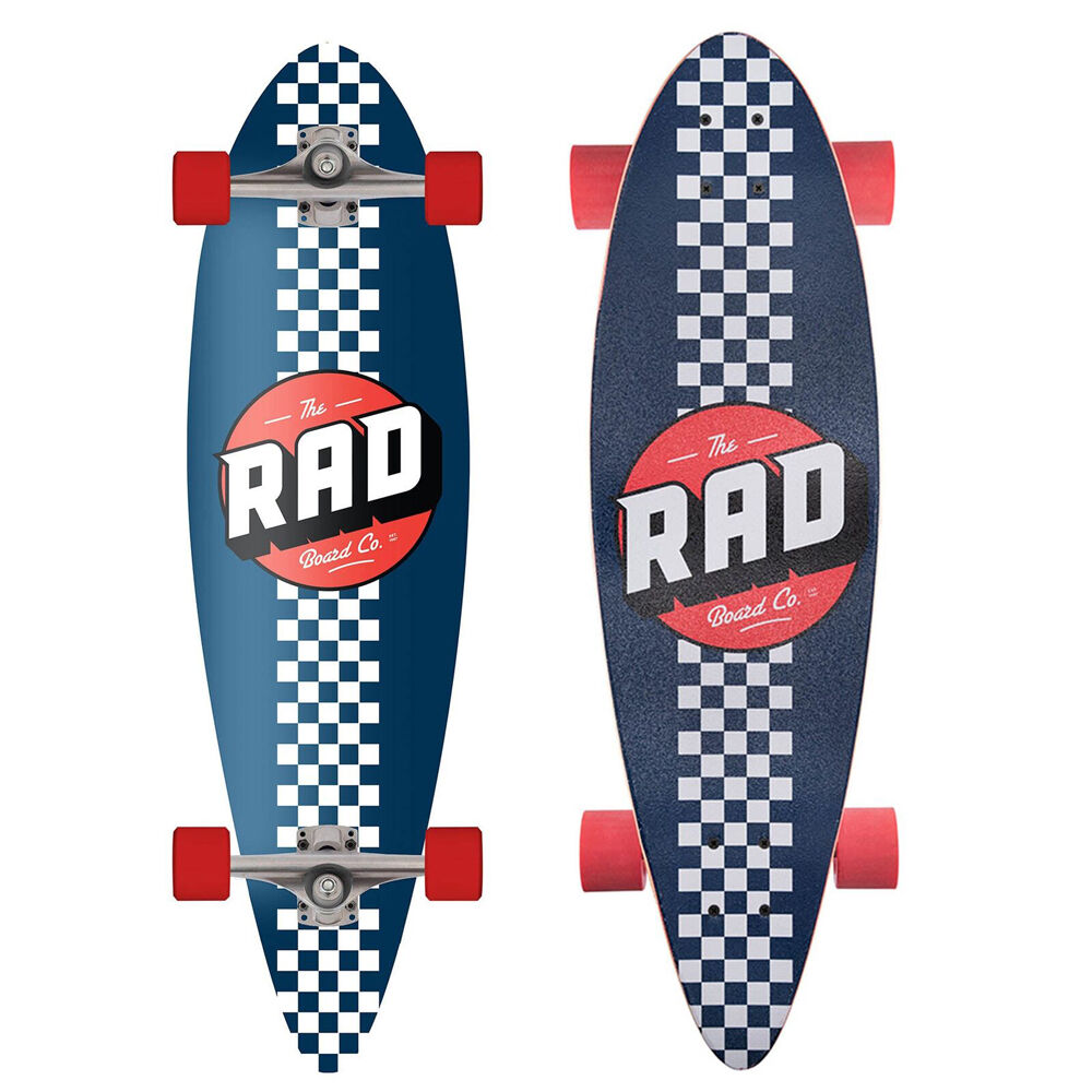 Rad Board CO Complete Pintail Mini Longboard Deck Checker Stripe Navy/White 9in