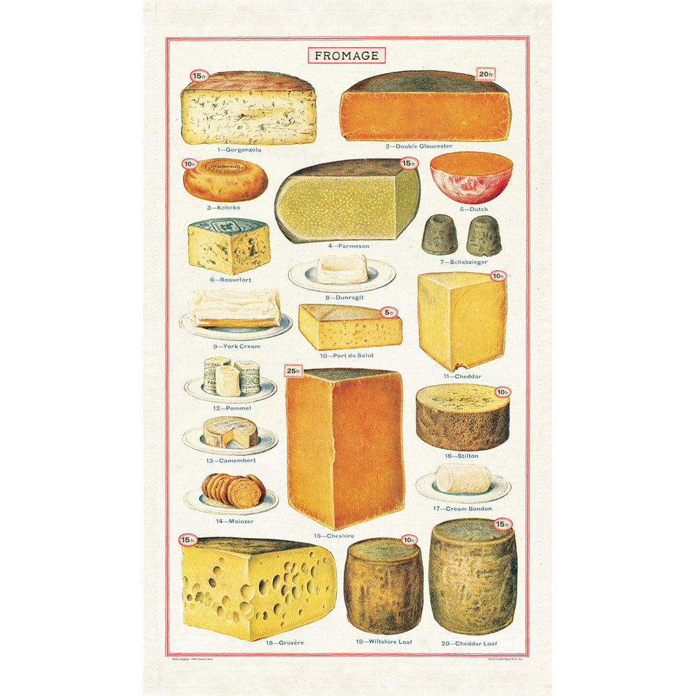 Cavallini Cotton Kitchen Tea Towel Soft Absorbent Dish Cloth 48x80cm Cheese