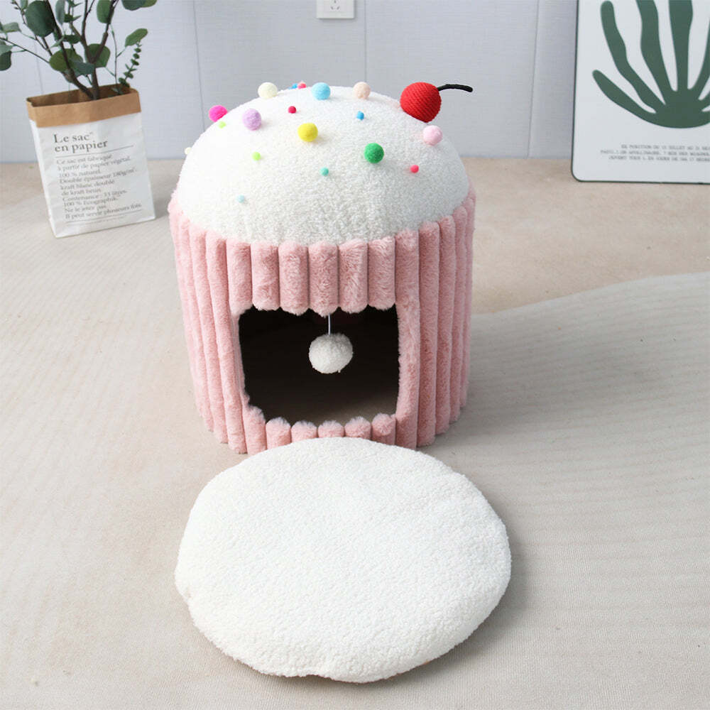 Catio Cupcake Pet/Cat House Cave Bed Sleeping Nest w/ Plush Play Ball Toy Pink — image 6