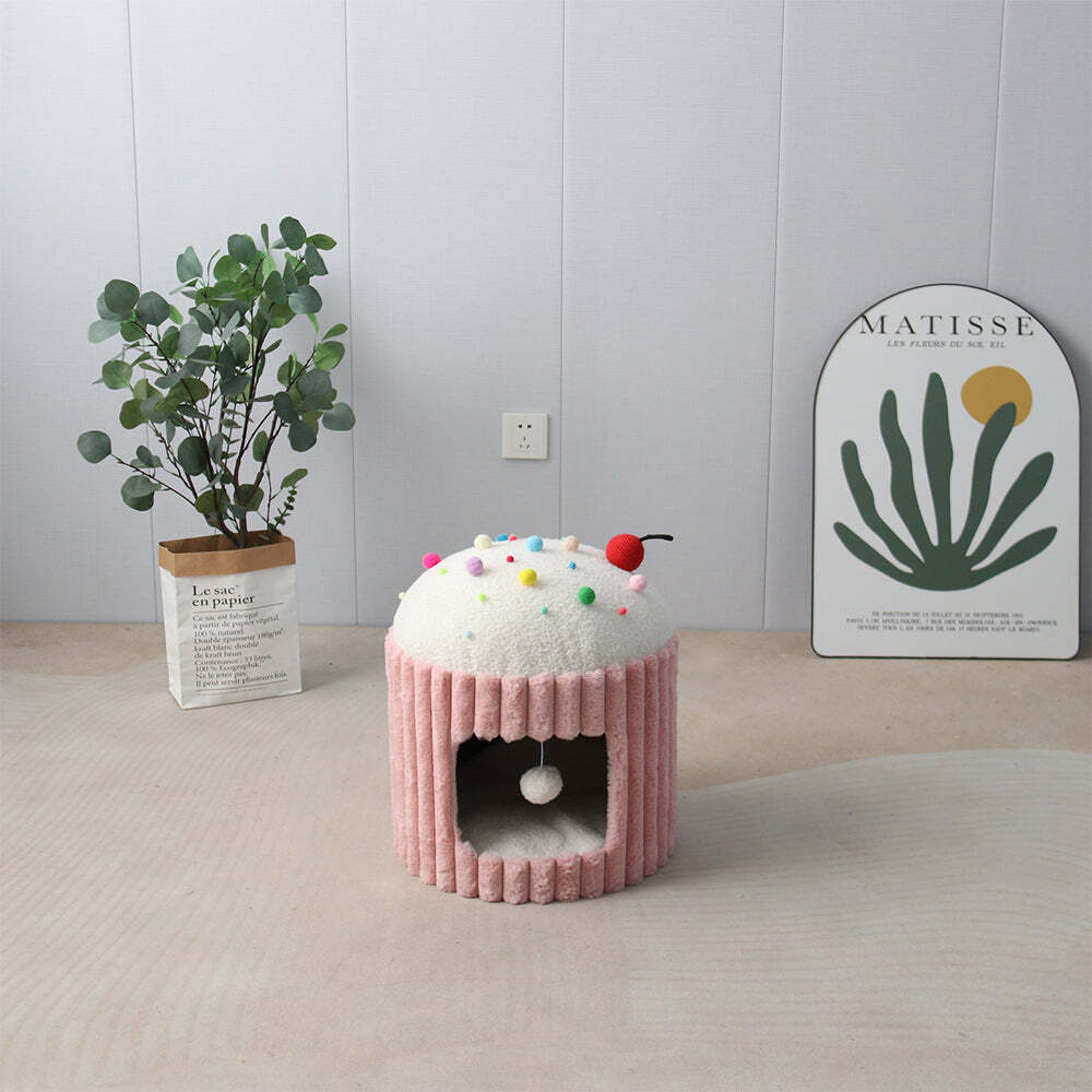Catio Cupcake Pet/Cat House Cave Bed Sleeping Nest w/ Plush Play Ball Toy Pink — image 3