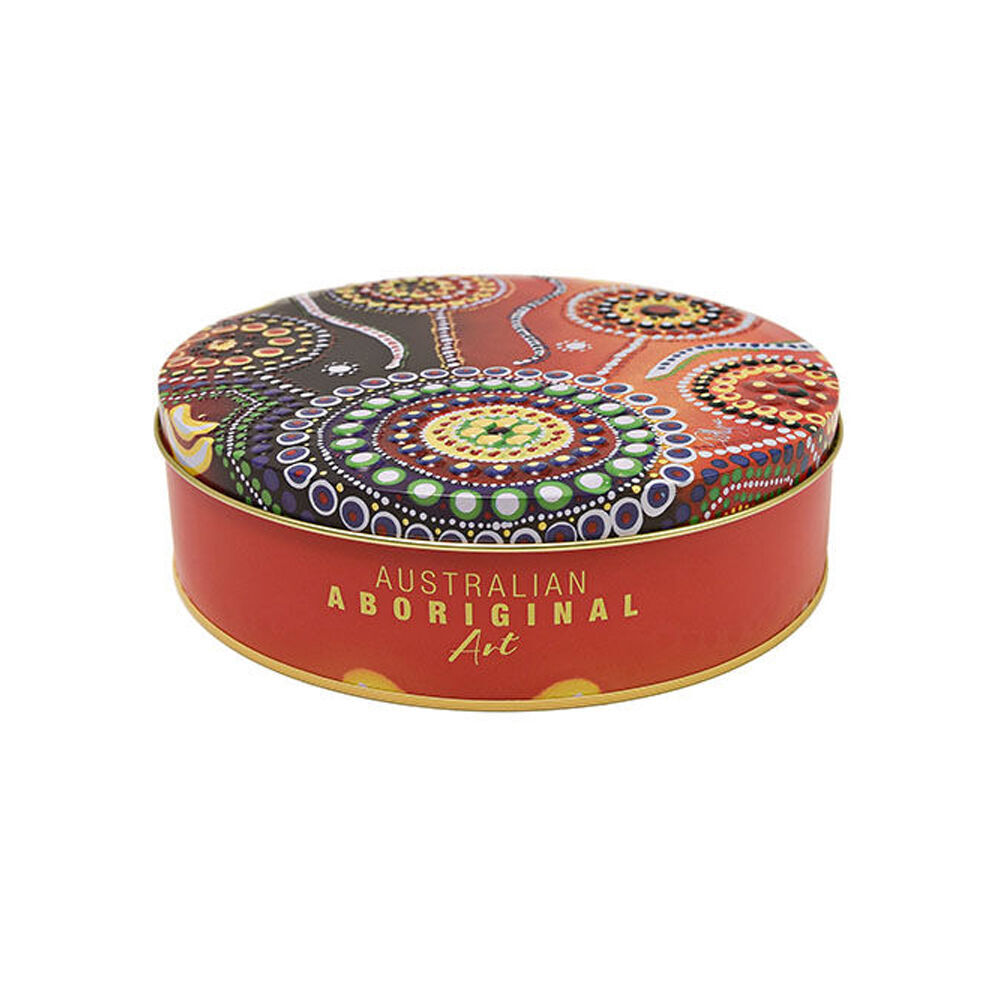 Banksia Red Decor Tin Aboriginal Unity Art w/Handmade Caramel Fudge 200g (2 Pack)