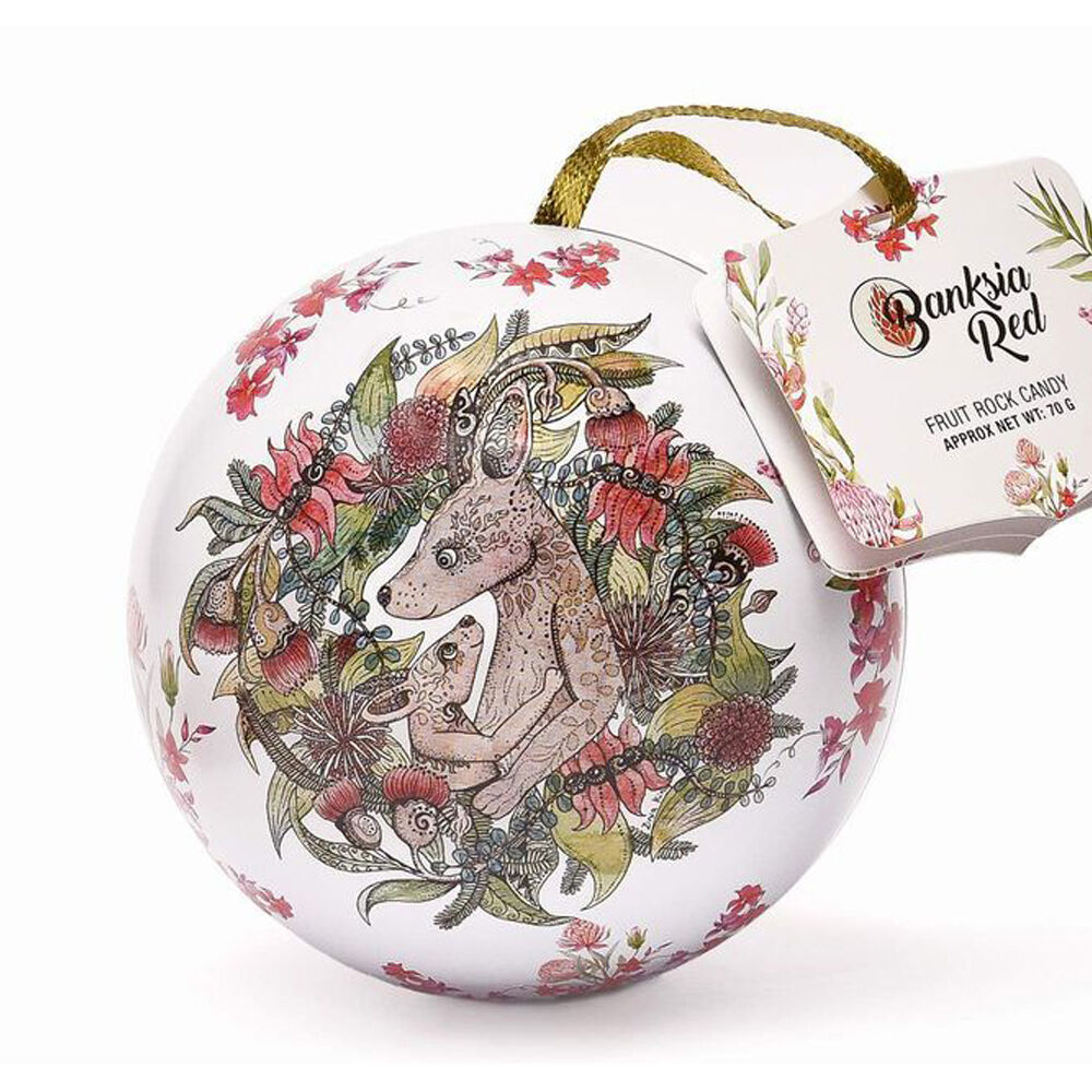 Banksia Red 70g Kangaroo/Koala Christmas Bauble Tins w/Fruit Rock Candy Assorted