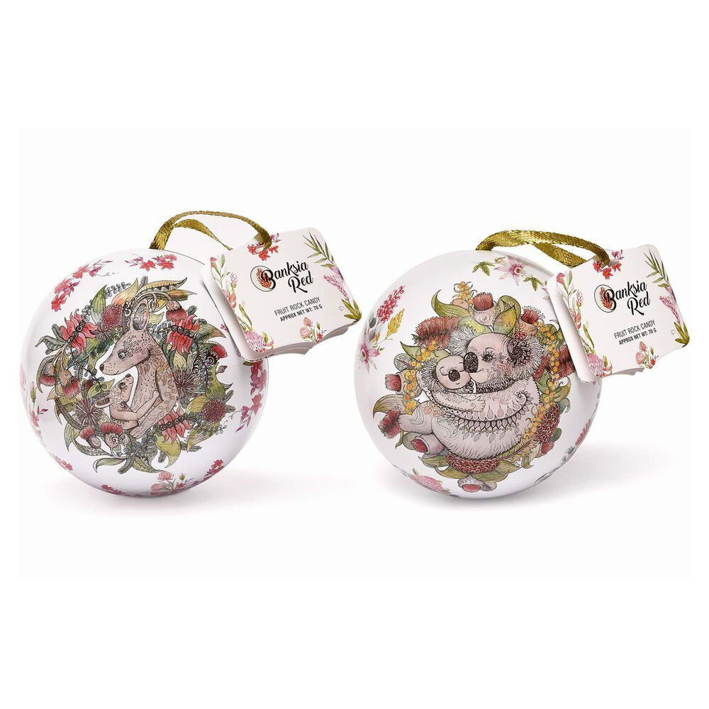 Banksia Red 70g Kangaroo/Koala Christmas Bauble Tins w/Fruit Rock Candy Assorted — image 3