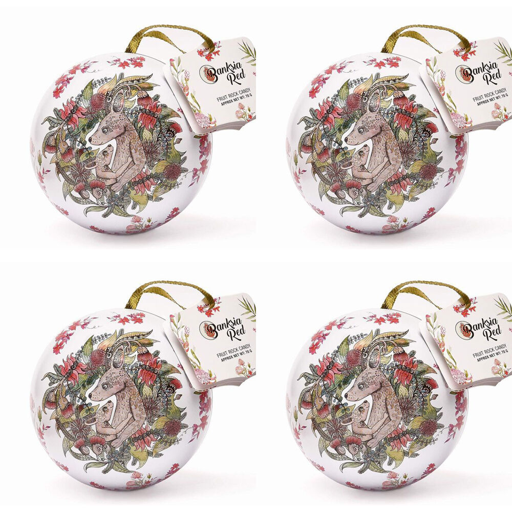 Banksia Red Kangaroo/Koala Christmas Bauble Tins w/Rock Candy 70g Assorted (4 Pack)