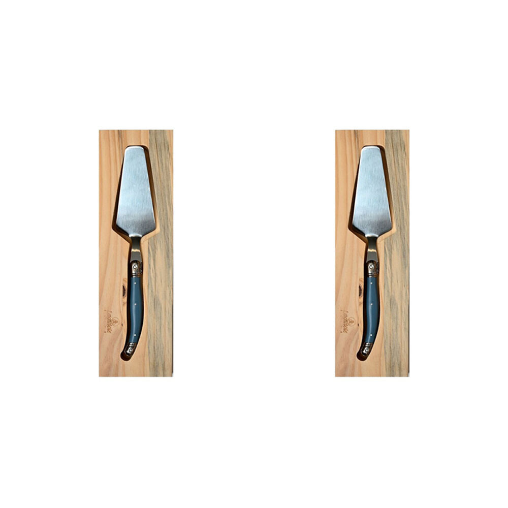 Laguiole Elite Cake Server Stainless Steel w/Pine Wood Tray Dark Blue Handle (2 Pack)