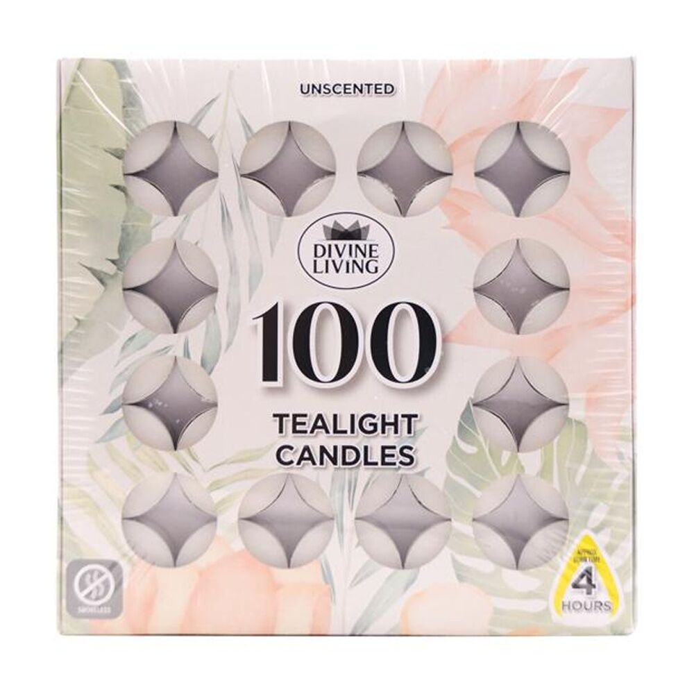 Divine Living Unscented Tealights Candles 4 Hours Burn Time 18.8x18.8cm (100 Pieces)