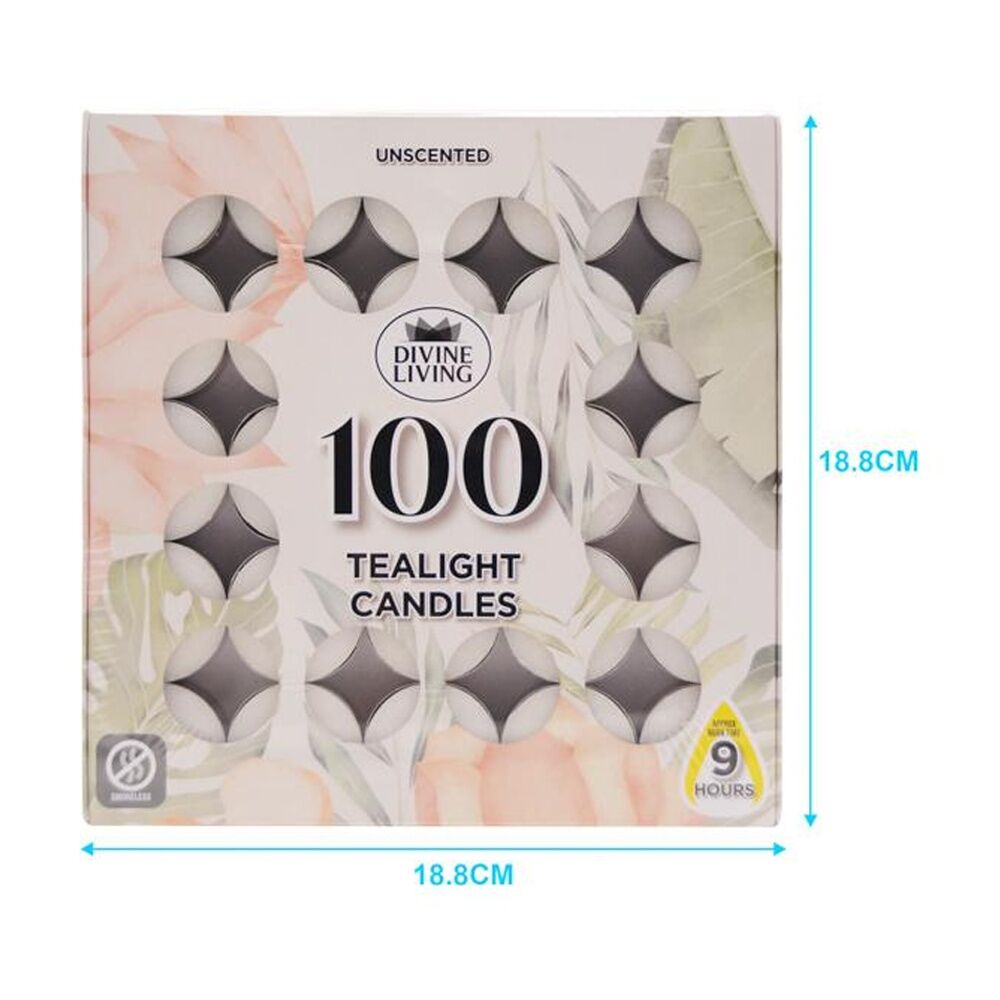 Divine Living Unscented Tealights Candles 9 Hours Burn Time 18.8x18.8cm (100 Pieces) — image 2
