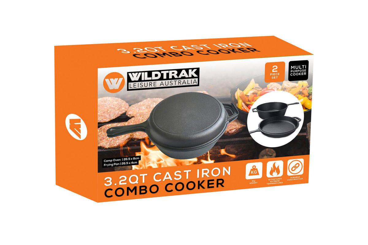 Wildtrak 3.2qt Cast Iron 26.5cm Combo Cooker Camp Over/Frying Pan Set Black — image 2