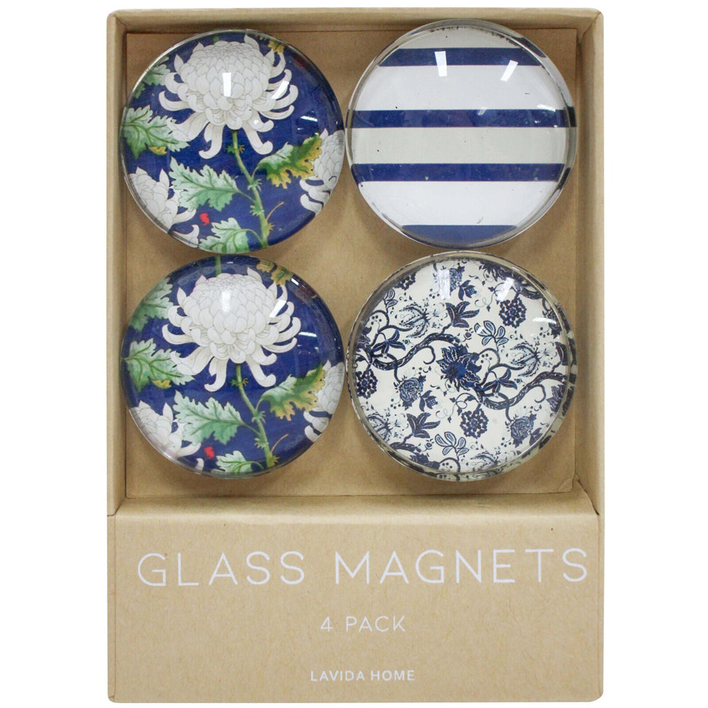 LVD Navy Hamptons Large Glass 13.5cm Fridge Magnet Home Decorative Round Set (4 Pieces)