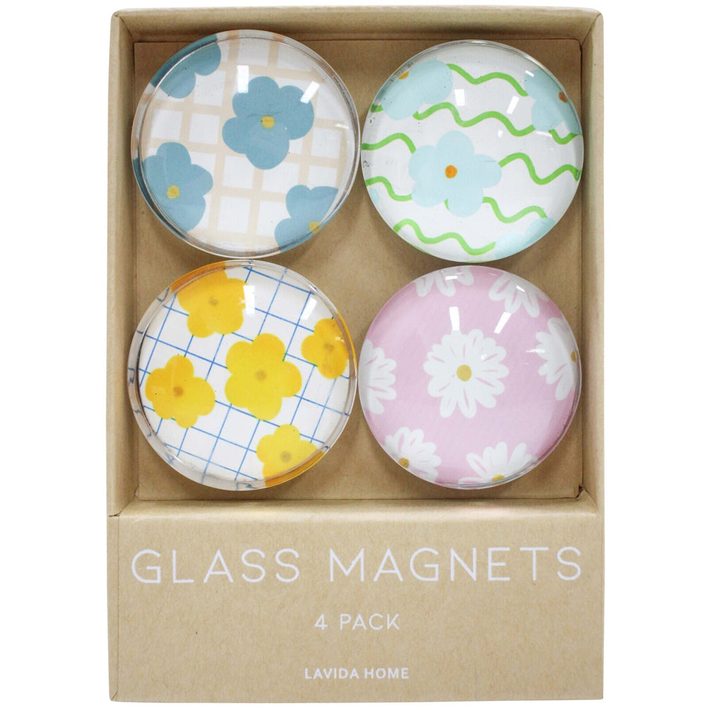 LVD Flower Punch Large Glass 13.5cm Fridge Magnet Home Decorative Round Set (4 Pieces)