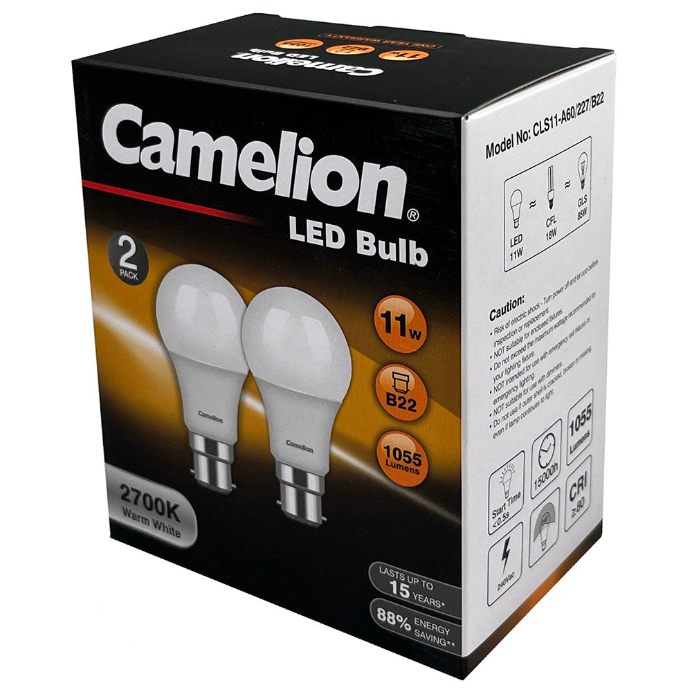 Camelion LED Light Bulb B22 11W 240V Bayonet Globe Warm WHT 1055 Lumen 2700K (2 Pieces)