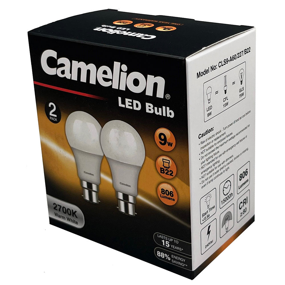 Camelion LED Light Bulb B22 9W 240V 2700K Bayonet 806 Lumen Globe Warm White (2 Pieces)